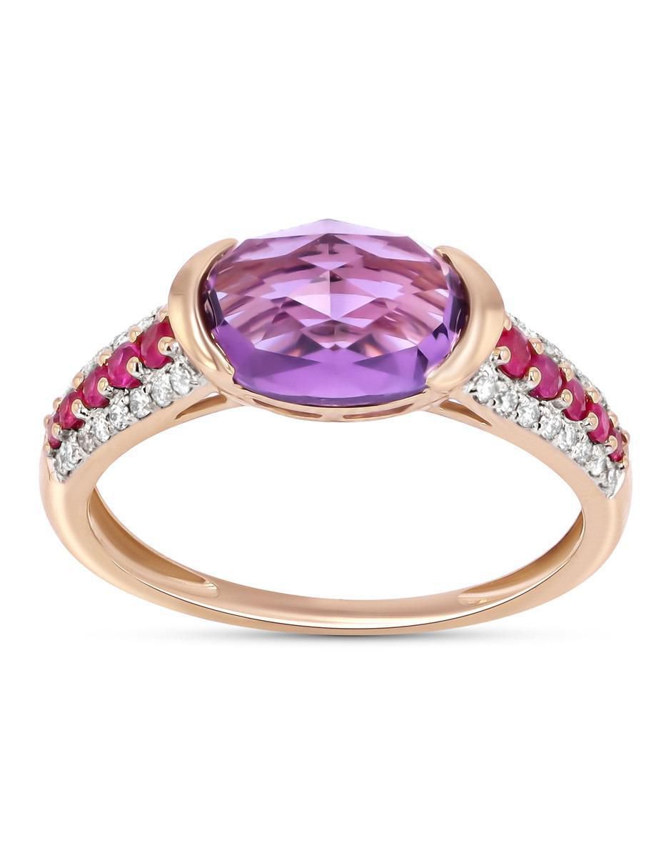 Anillo 14 k de oro rosa amatista y diamante brillante