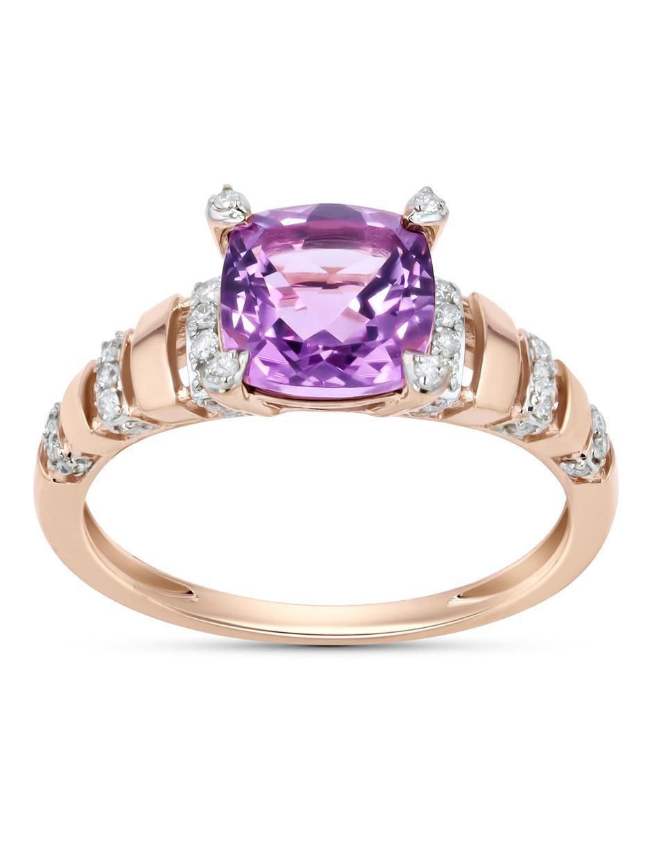 Anillo 14 k de oro rosa amatista y diamante brillante
