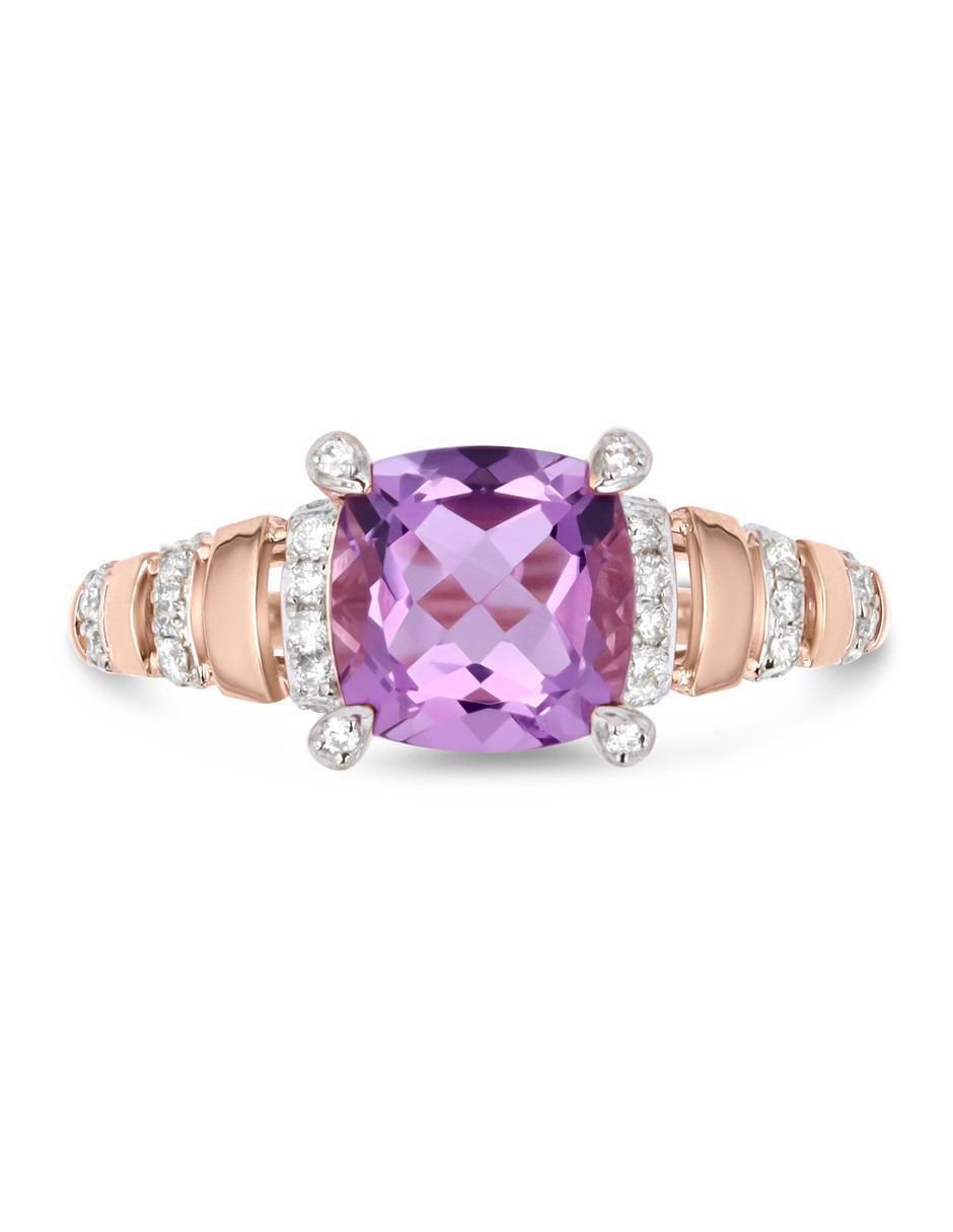 Anillo 14 k de oro rosa amatista y diamante brillante