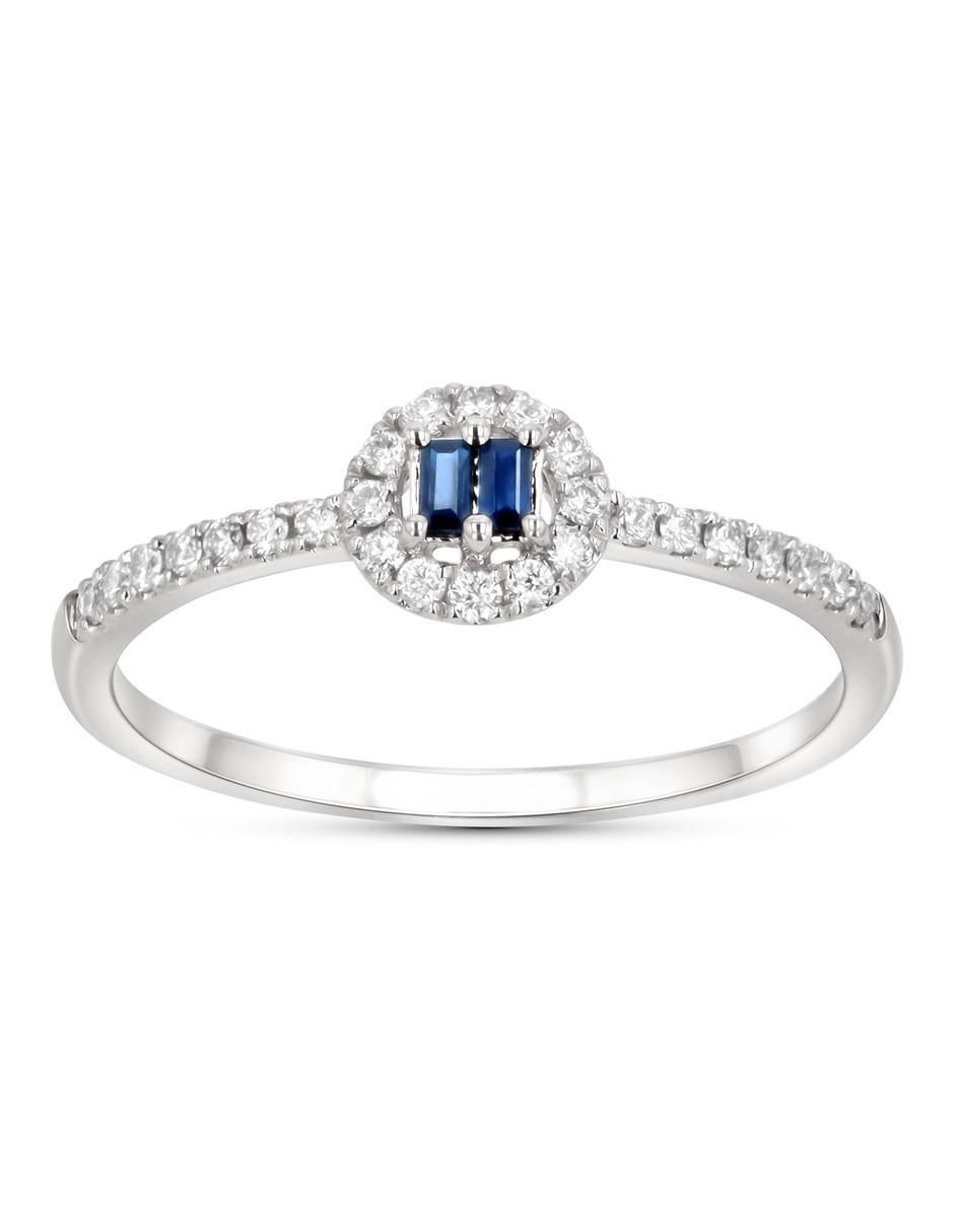 Anillo de baguette 14 k de oro blanco zafiro y diamante brillante