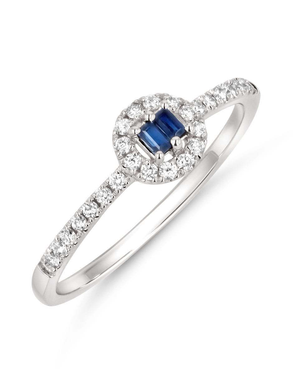 Anillo de baguette 14 k de oro blanco zafiro y diamante brillante