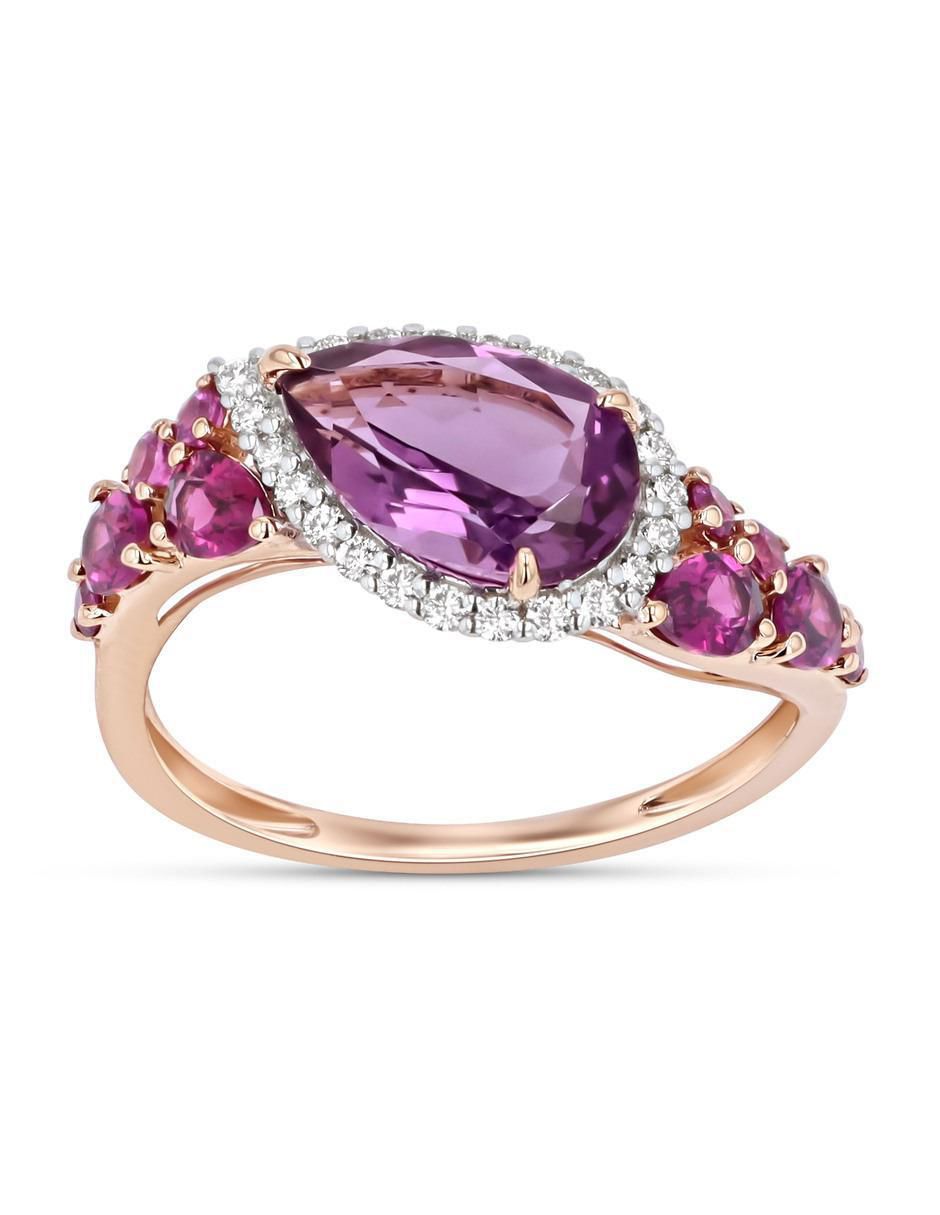 Anillo 14 k de oro rosa amatista y diamante brillante