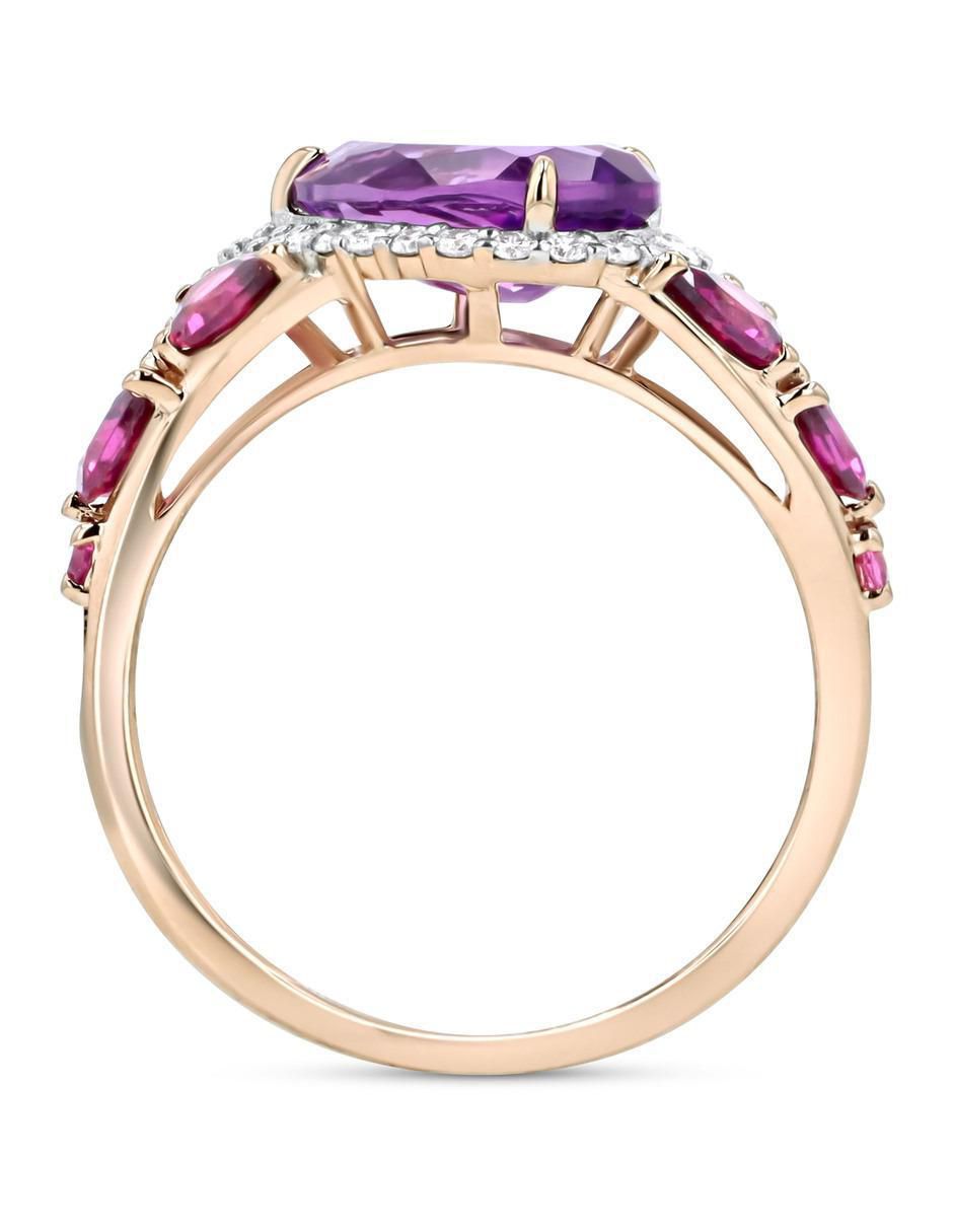 Anillo 14 k de oro rosa amatista y diamante brillante