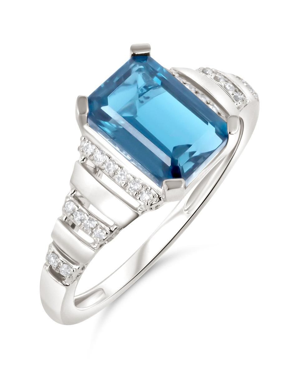 Anillo 14 k de oro blanco topacio y diamante brillante