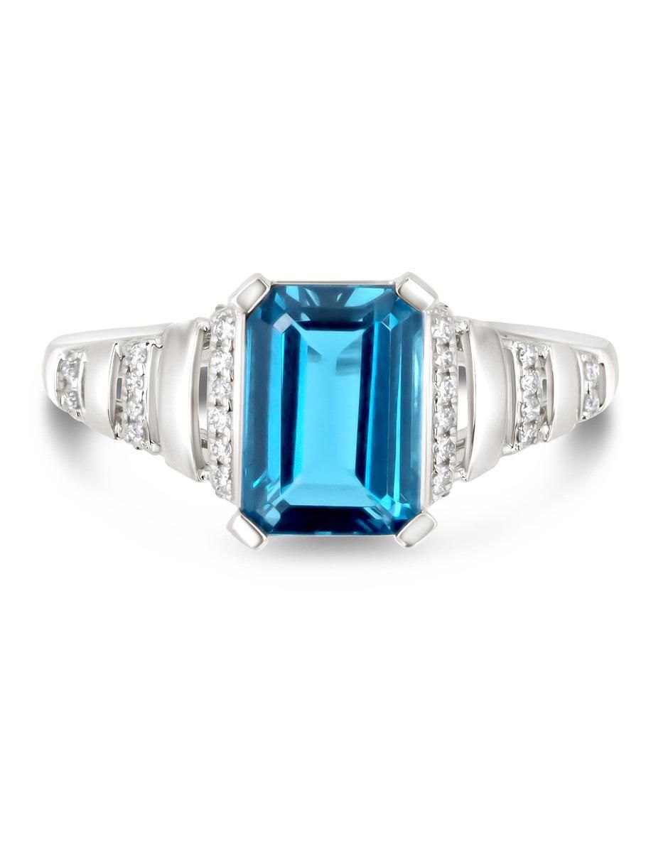 Anillo 14 k de oro blanco topacio y diamante brillante