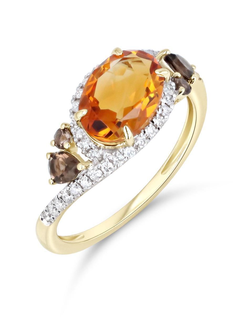 Anillo 14 k de oro amarillo citrina y diamante brillante