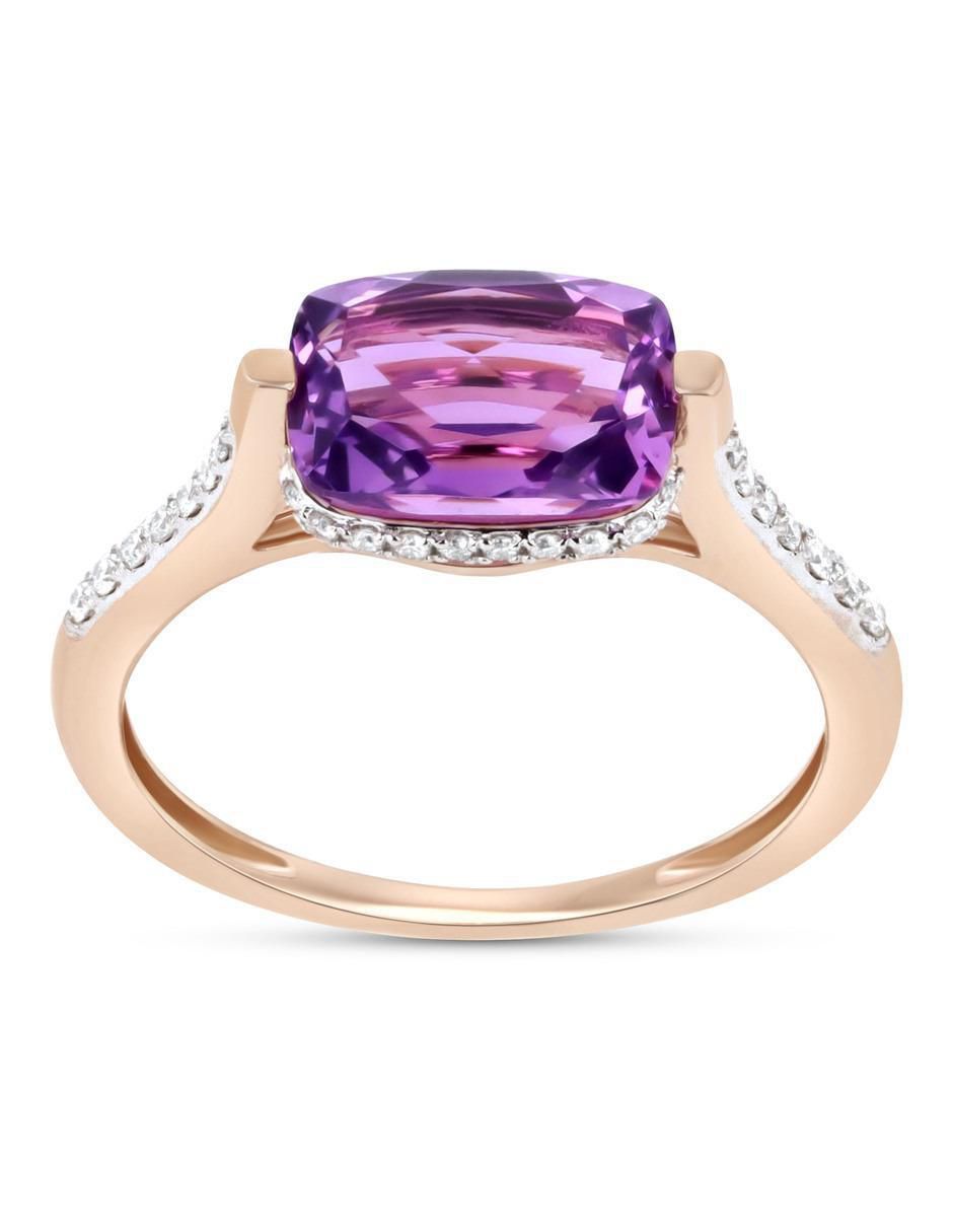 Anillo 14 k de oro rosa amatista y diamante brillante