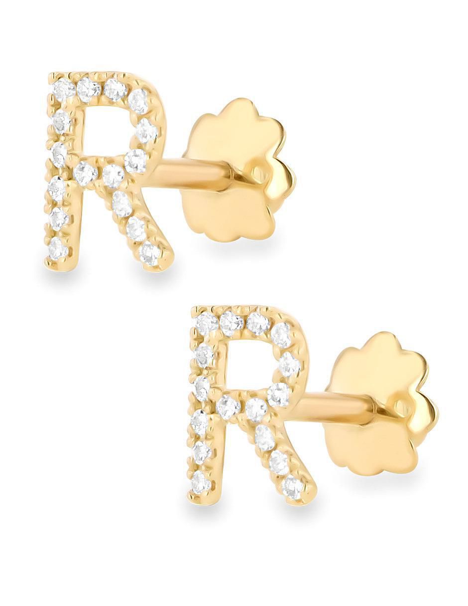 Broqueles de letra r de oro amarillo 14 K con acabado brillante diamante