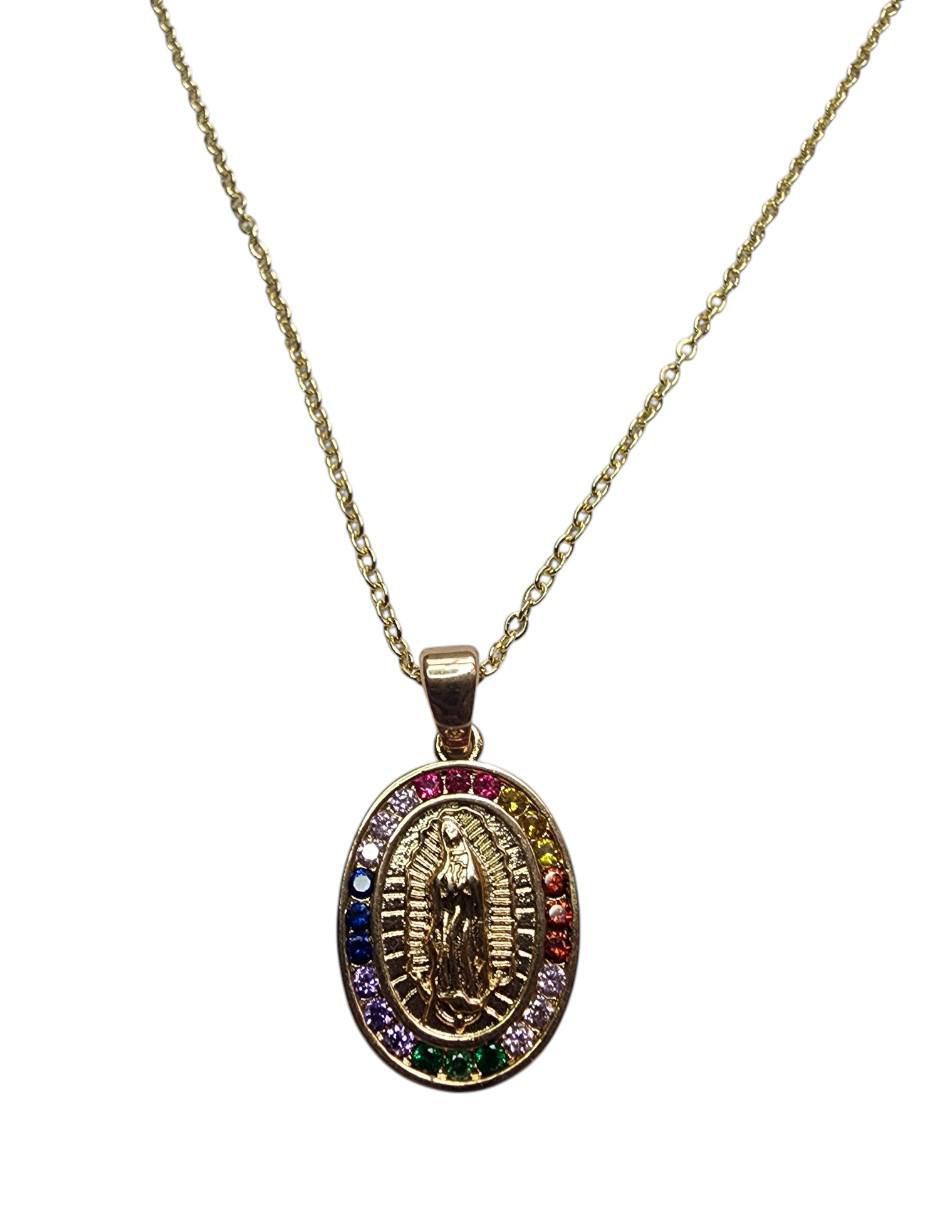 Collar con dije Virgen de Guadalupe de ovalado de oro laminado 14 K 1