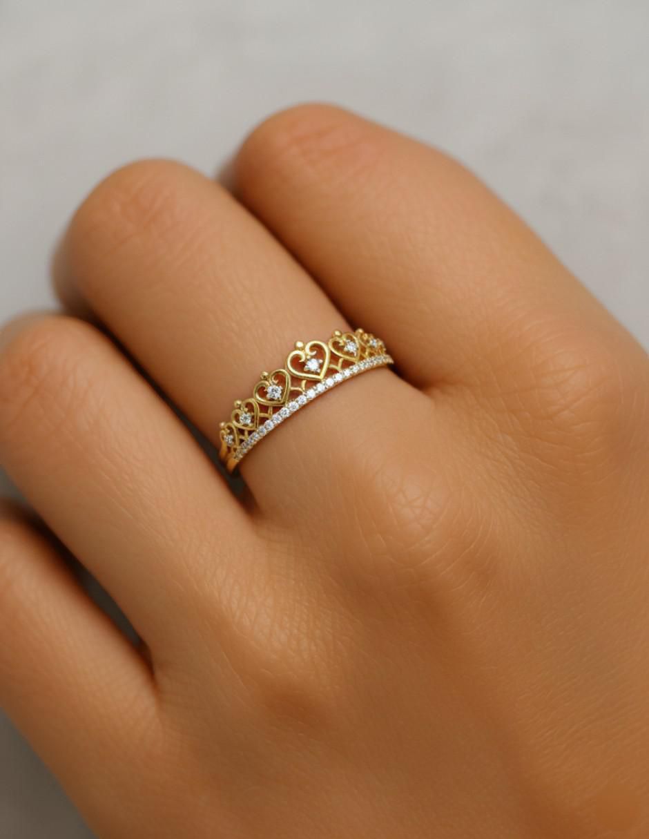 Anillo de corona 10 k de oro zirconia brillante