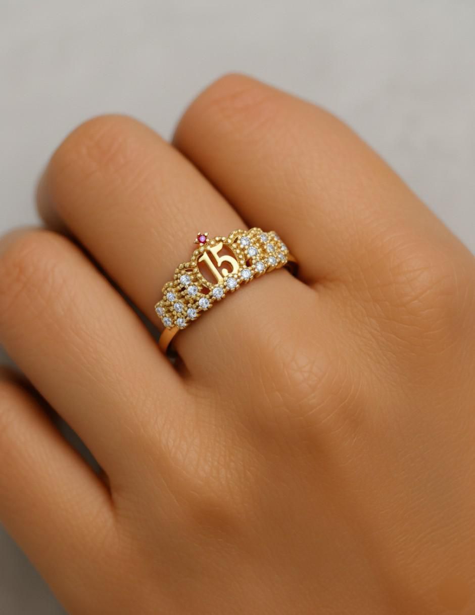 Anillo de corona 10 k de oro zirconia brillante