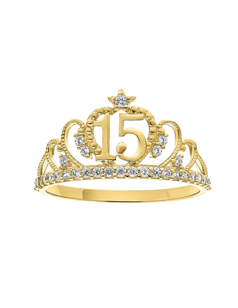 Anillo de corona 10 k de oro zirconia brillante
