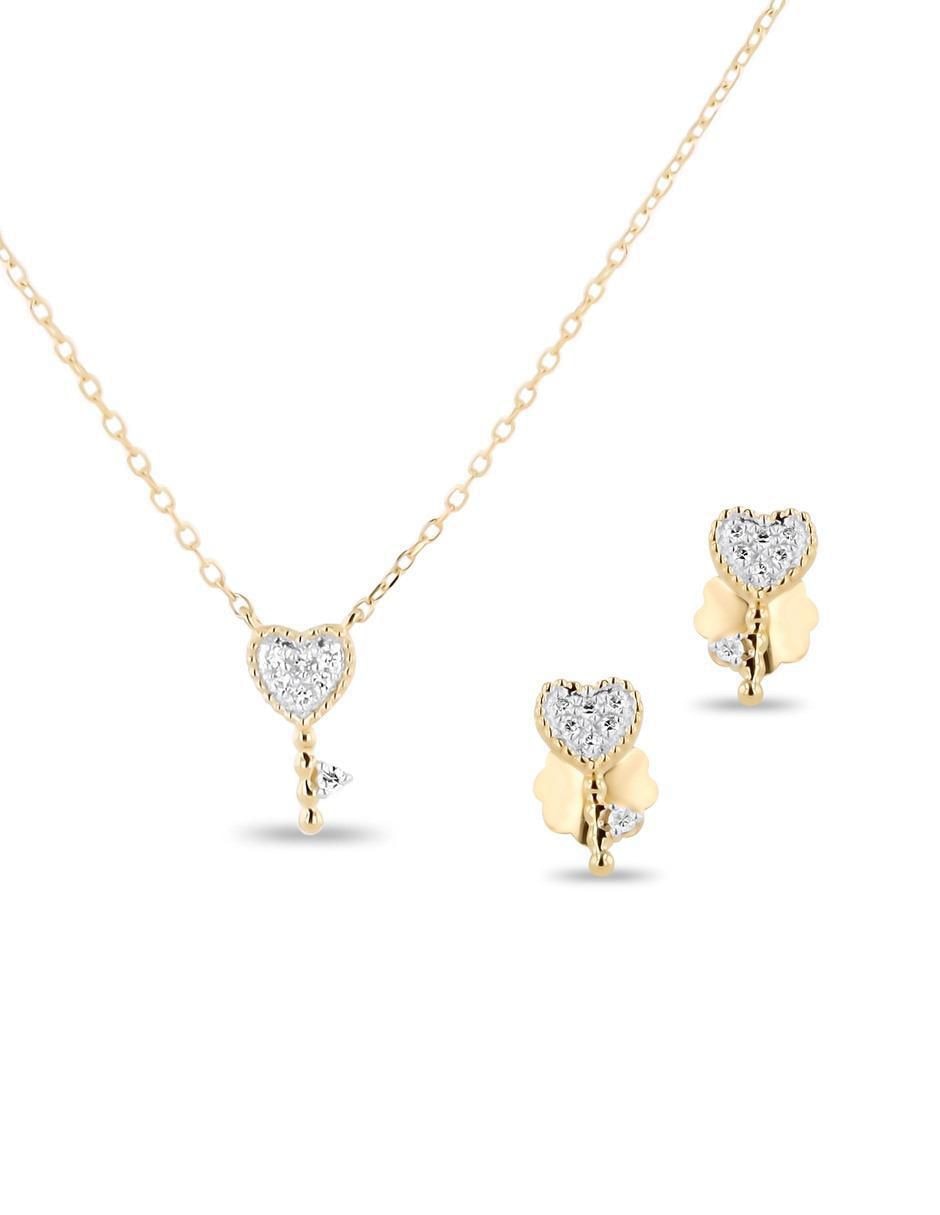 Aretes y collar de corazón de oro amarillo 14 k diamante