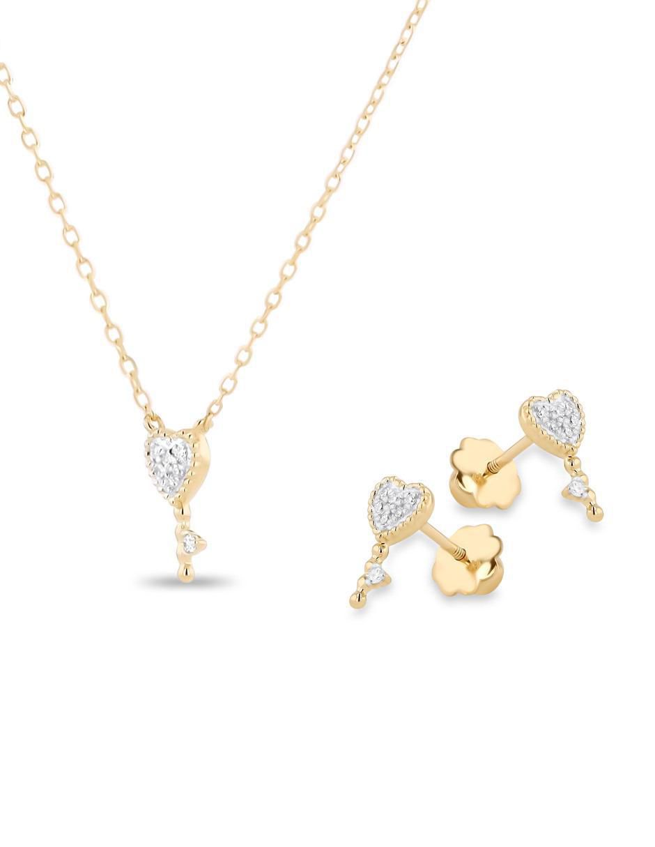 Aretes y collar de corazón de oro amarillo 14 k diamante