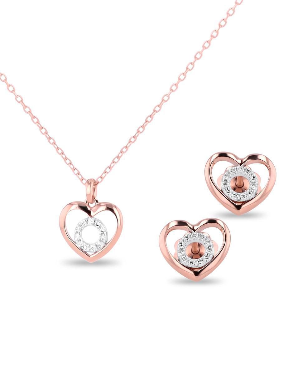 Aretes y collar de corazón de oro rosa 14 k diamante Aretes y collar de corazón de oro rosa 14 k diamante