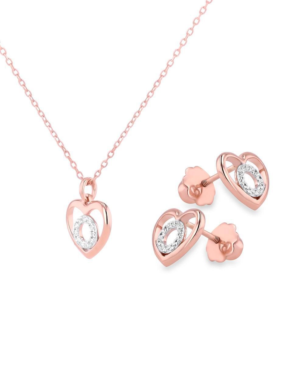 Aretes y collar de corazón de oro rosa 14 k diamante