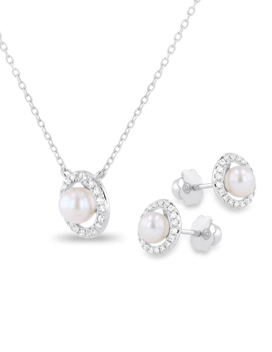Aretes y collar circular de oro blanco 14 k diamante 2