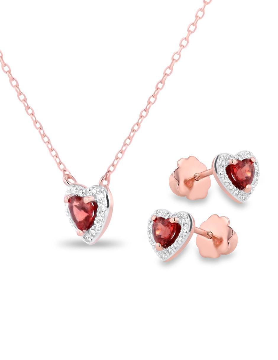 Aretes y collar de corazón de oro rosa 14 k diamante