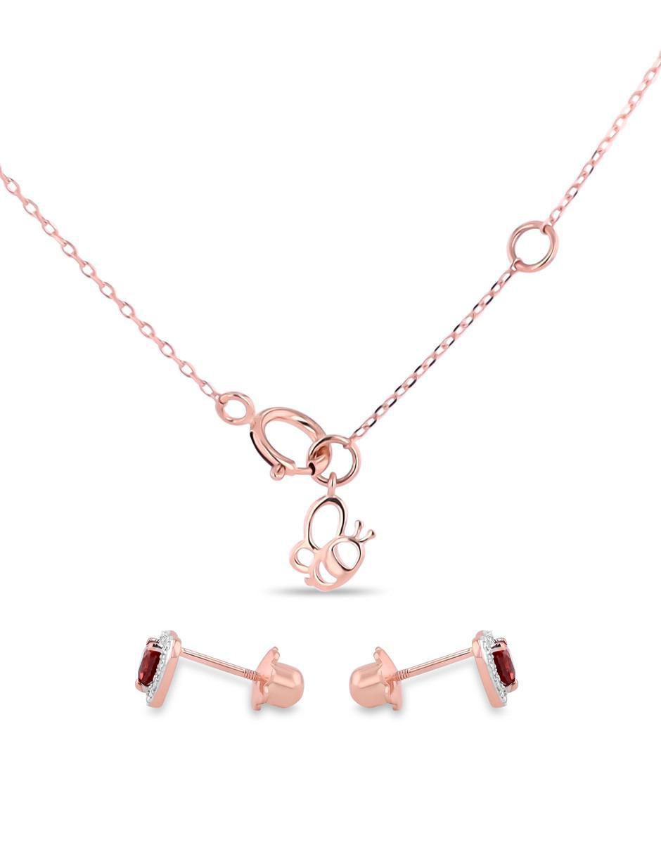 Aretes y collar de corazón de oro rosa 14 k diamante