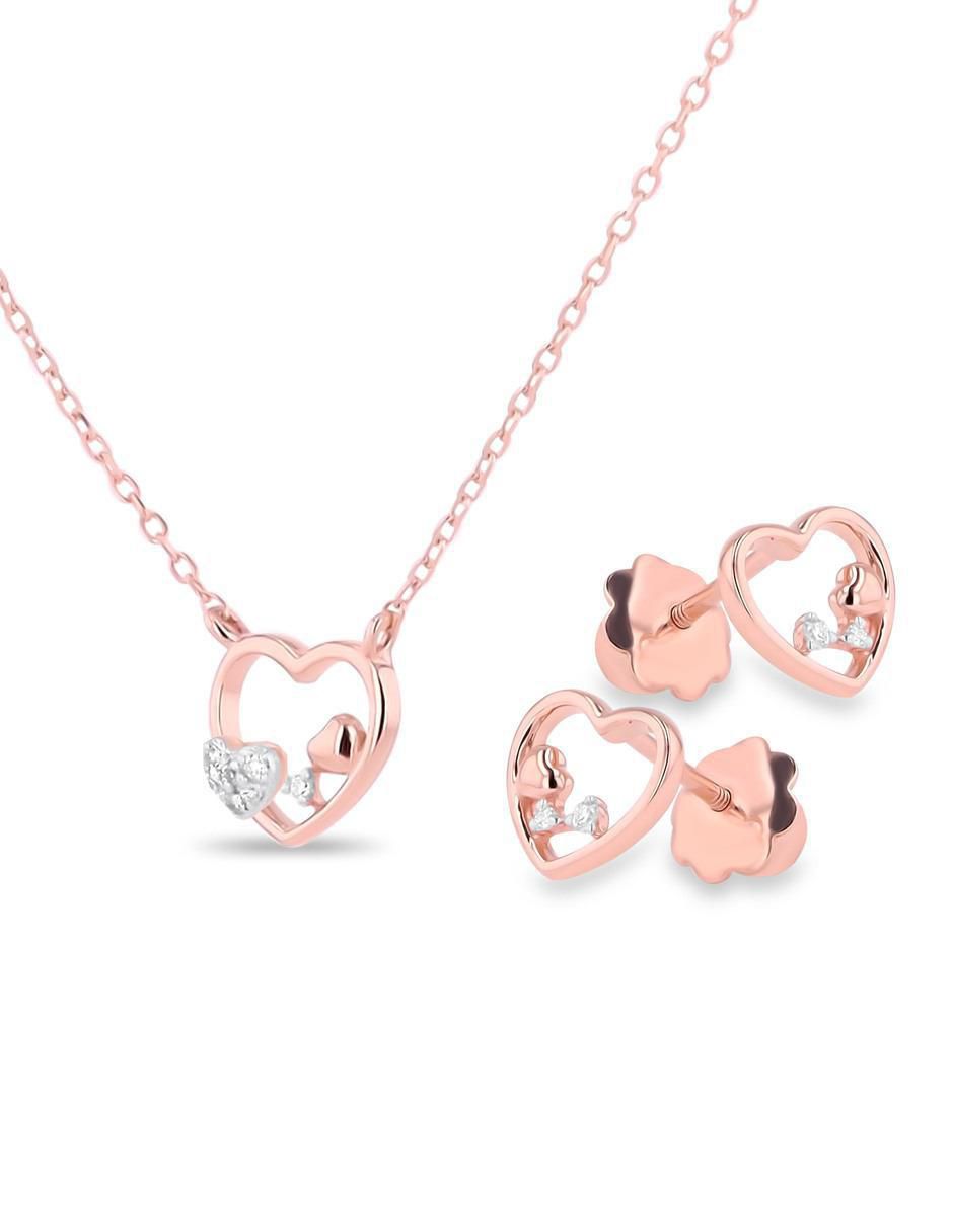 Aretes y collar de corazón de oro rosa 14 k diamante