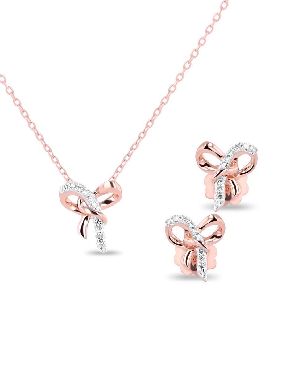 Aretes y collar de moño de oro rosa 14 k diamante