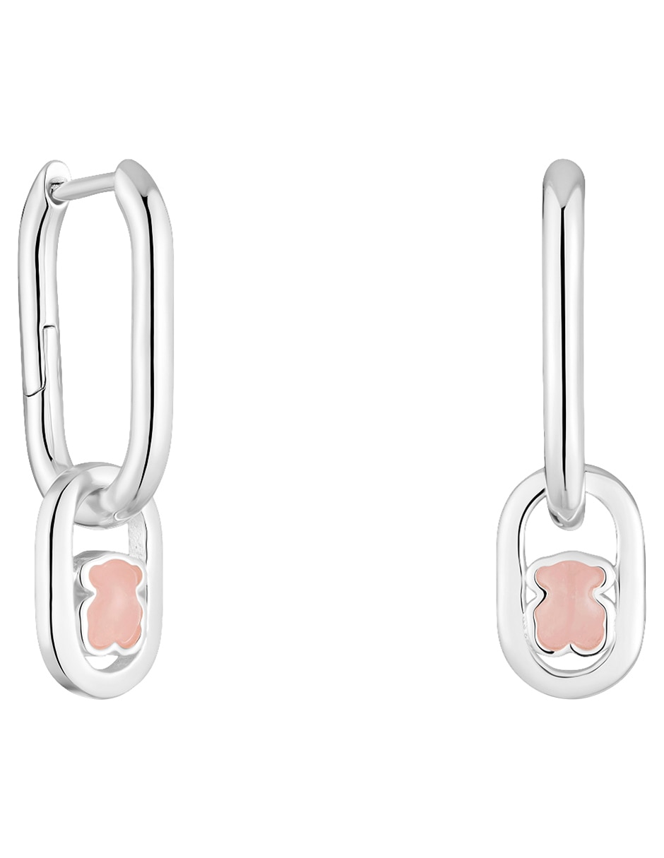 Aretes de aro oso Camille de plata P 925 con acabado brillante cuarzo rosa