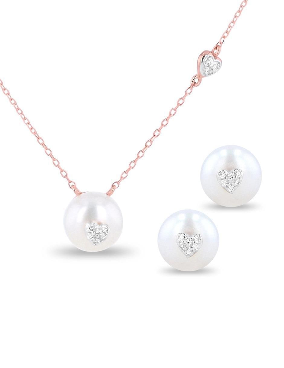 Aretes y collar de corazón de oro rosa 14 k diamante