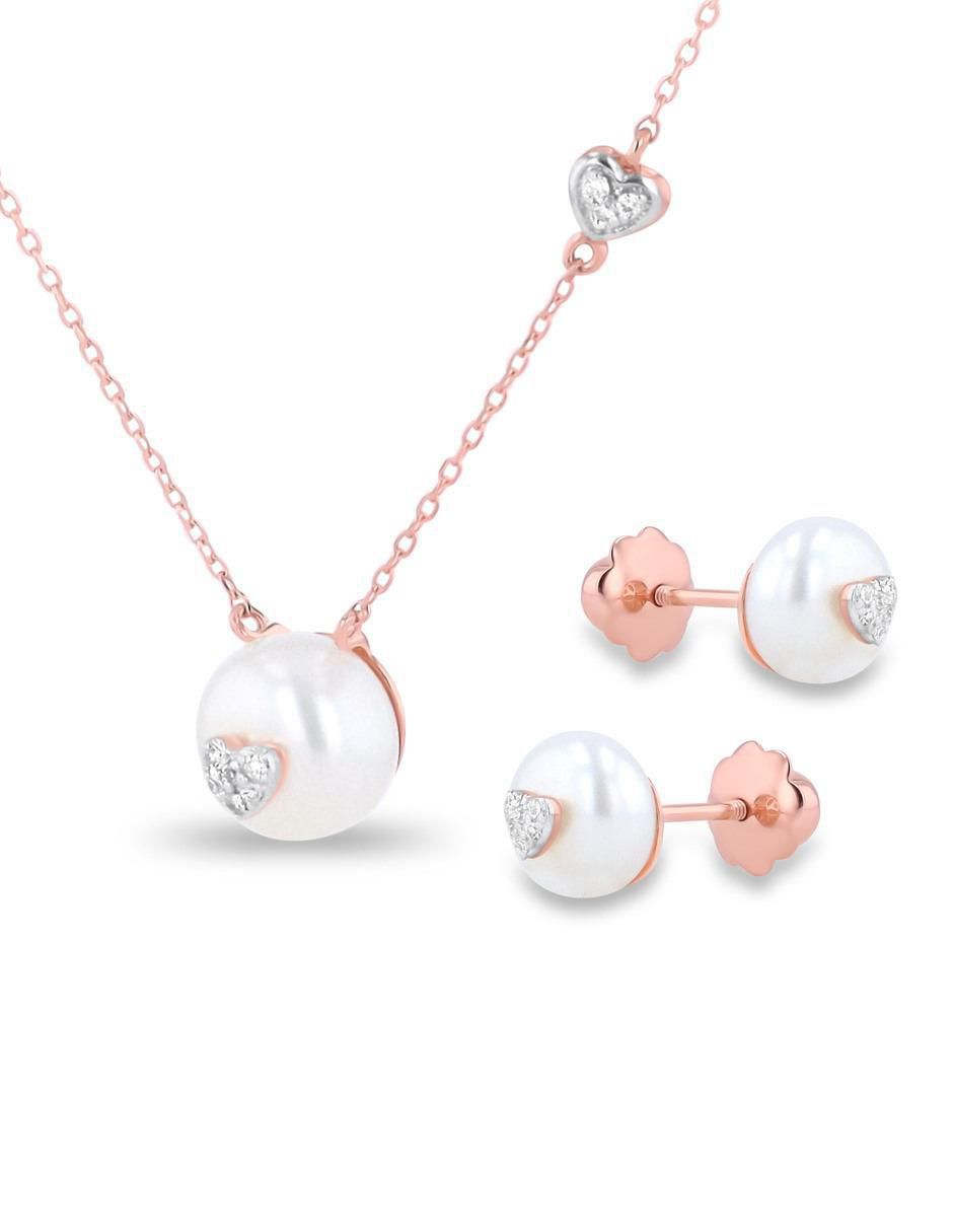 Aretes y collar de corazón de oro rosa 14 k diamante