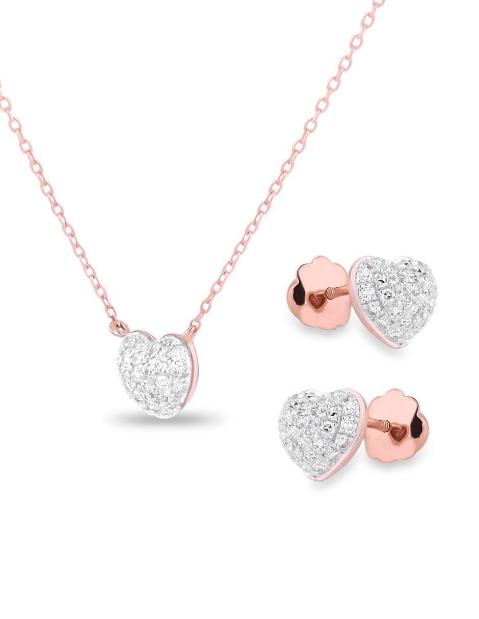 Aretes y collar de corazón de oro rosa 14 k diamante