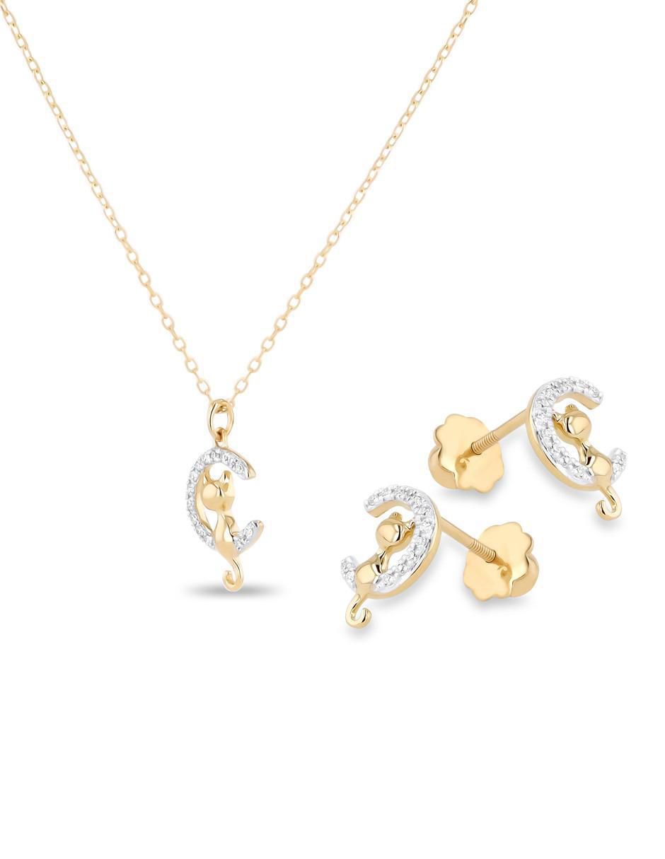 Aretes y collar de gato de oro amarillo 14 k diamante 2