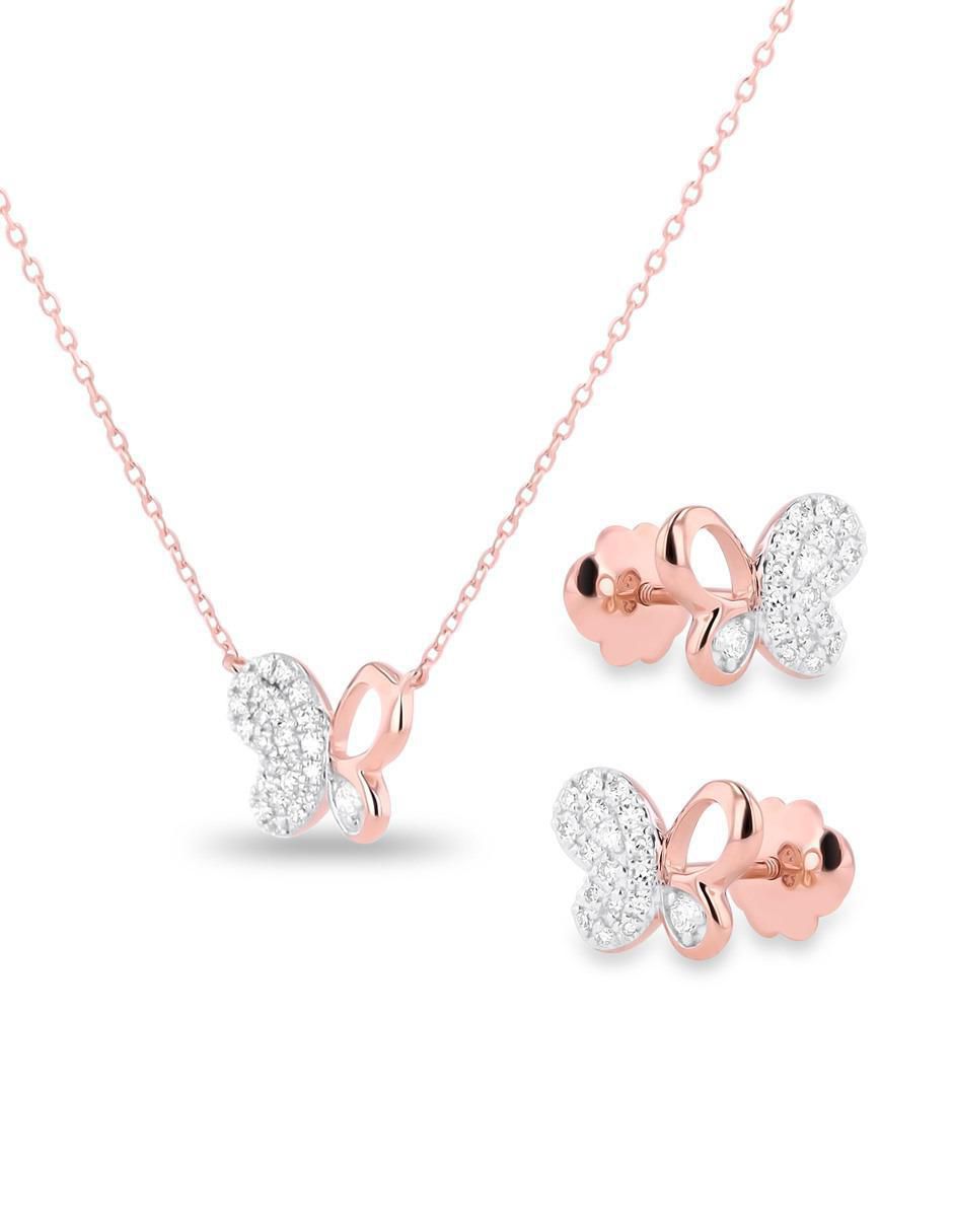 Aretes y collar de mariposa de oro rosa 14 k diamante 2