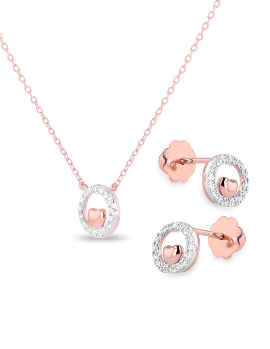 Aretes y collar de corazón de oro rosa 14 k diamante