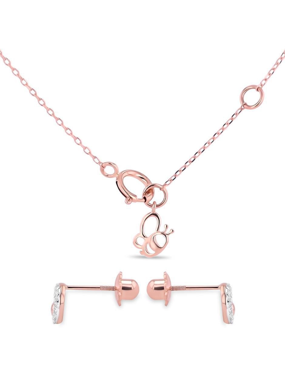 Aretes y collar de corazón de oro rosa 14 k diamante