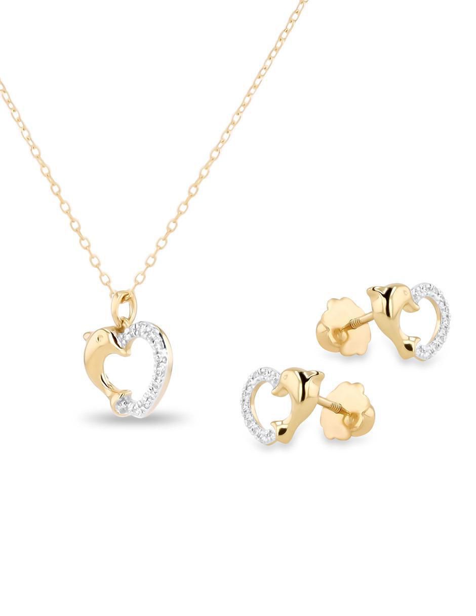 Aretes y collar de corazón de oro amarillo 14 k diamante