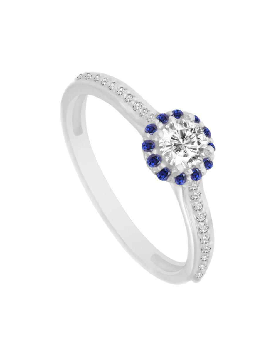 Anillo redondo Zanda 14 k de oro zafiro y diamante brillante 4