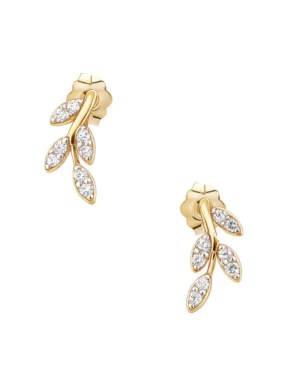 Aretes de hoja de oro amarillo 14 K con acabado pavé diamante Aretes de hoja de oro amarillo 14 K con acabado pavé diamante