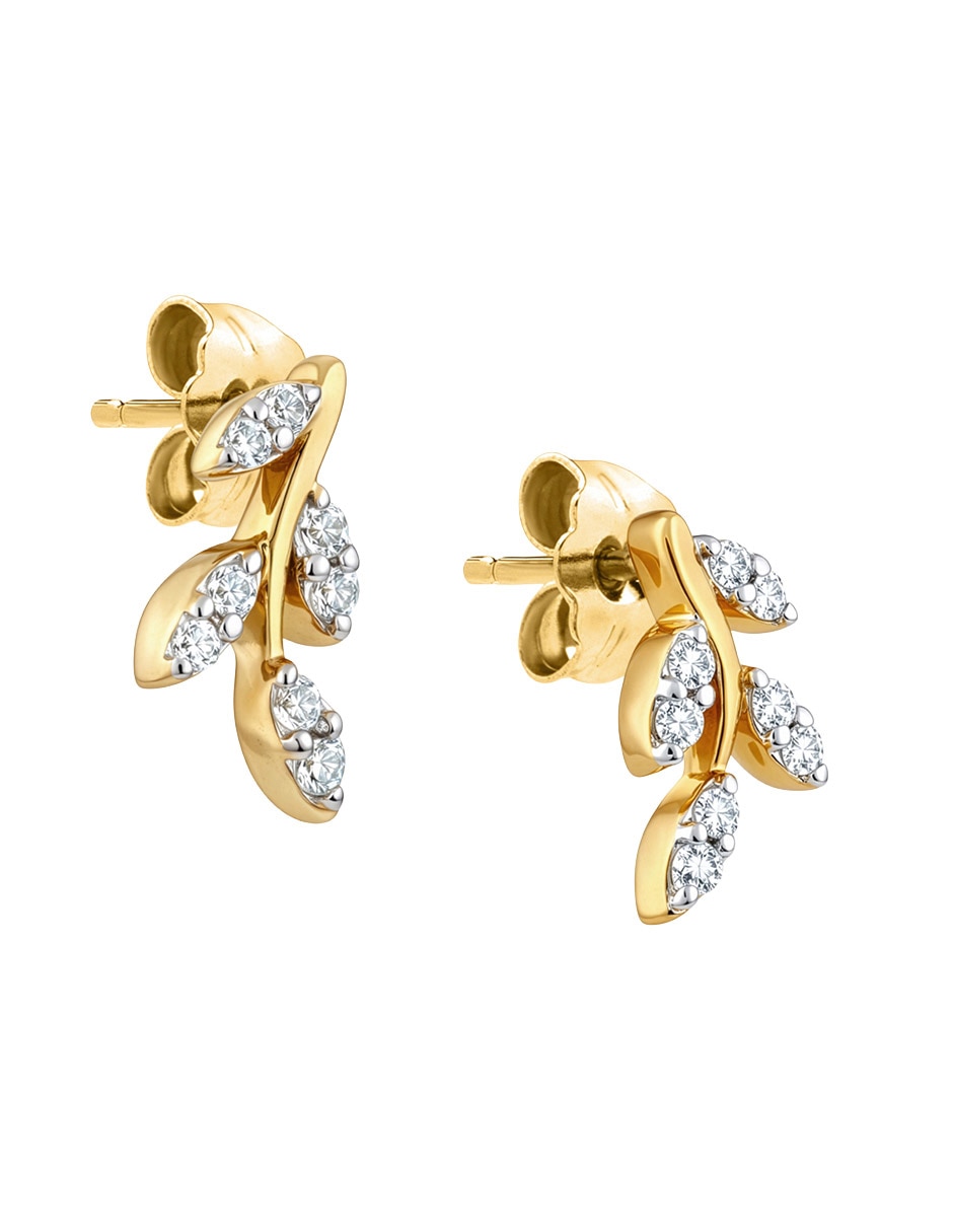 Aretes de hoja de oro amarillo 14 K con acabado pavé diamante 2