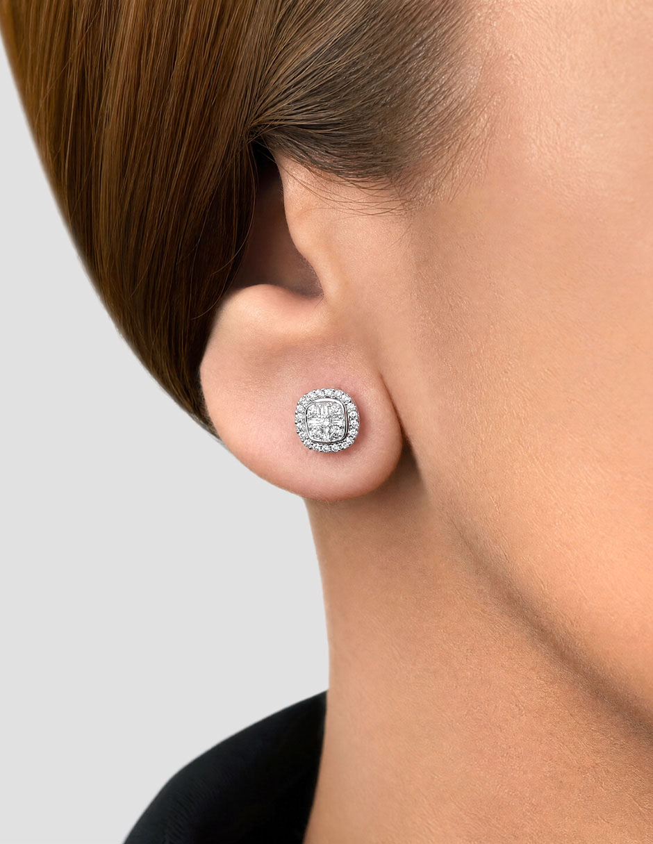 Aretes cuadrados de oro blanco 14 K con acabado pavé diamante 4