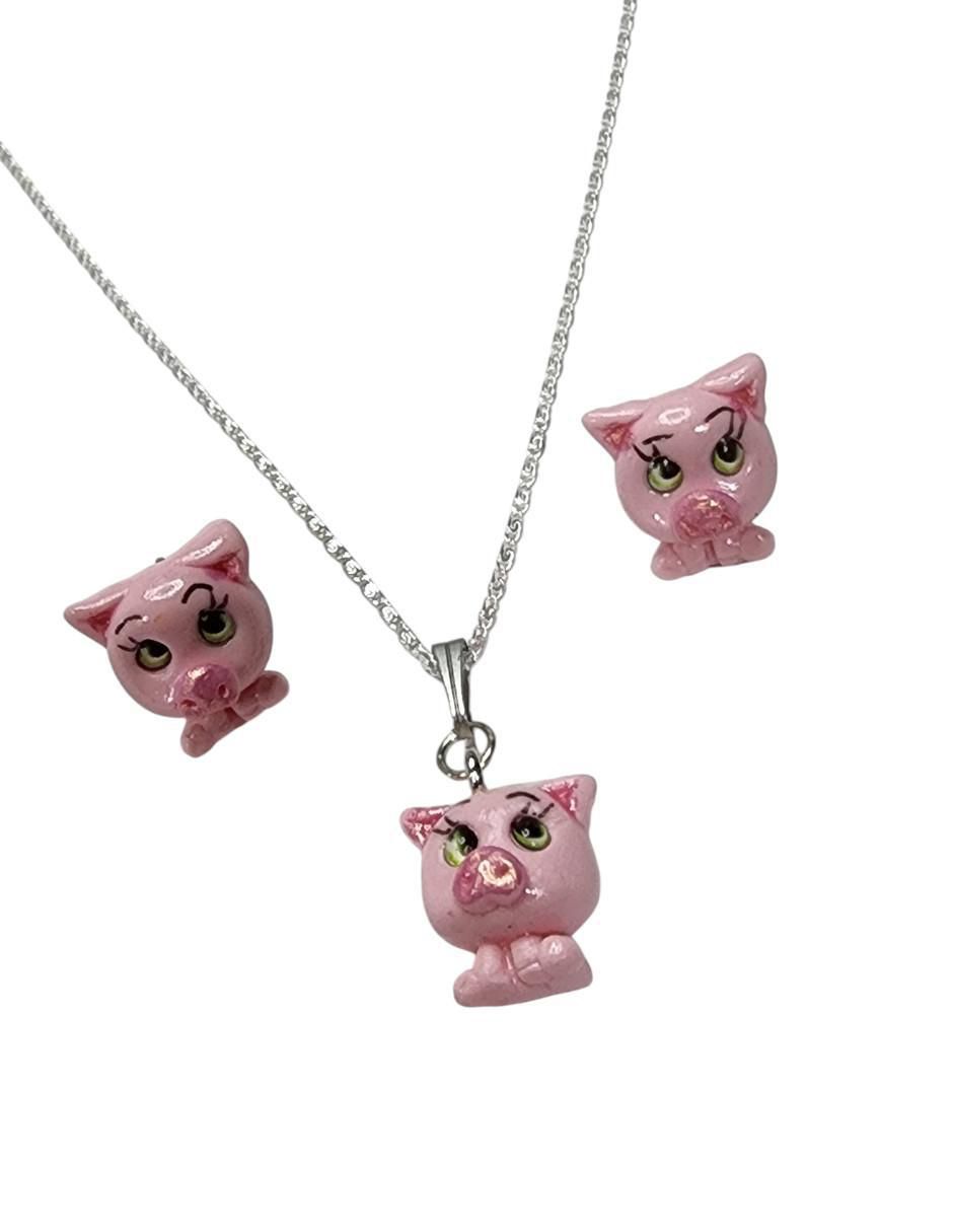 Aretes y collar de cerdo Puerquito de plata p 925 3