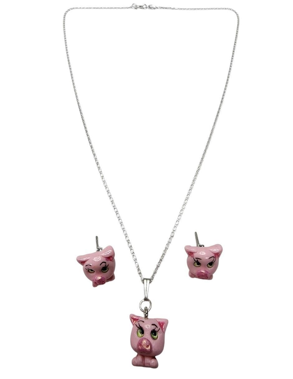 Aretes y collar de cerdo Puerquito de plata p 925 5