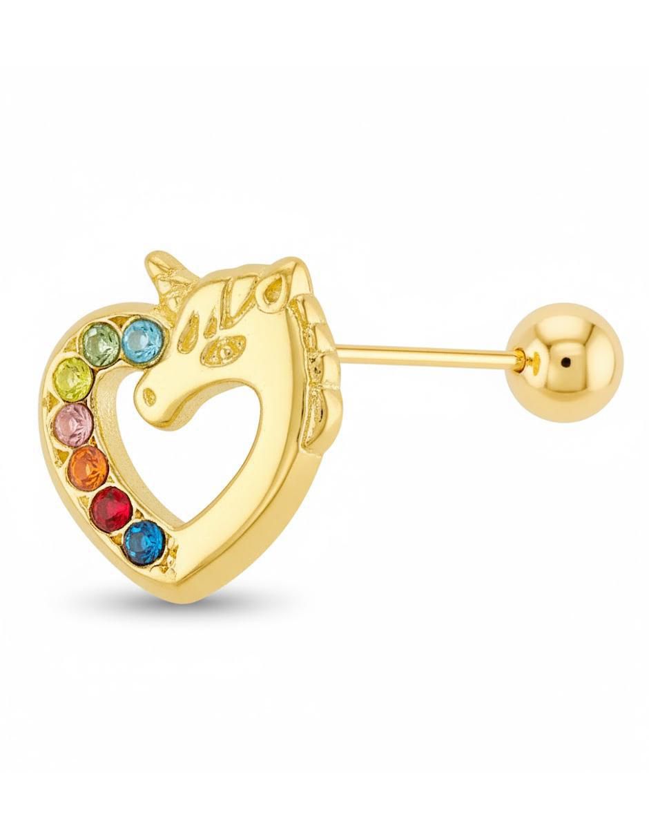 Broquel individual de unicornio de oro amarillo 10 K con acabado brillante zirconia