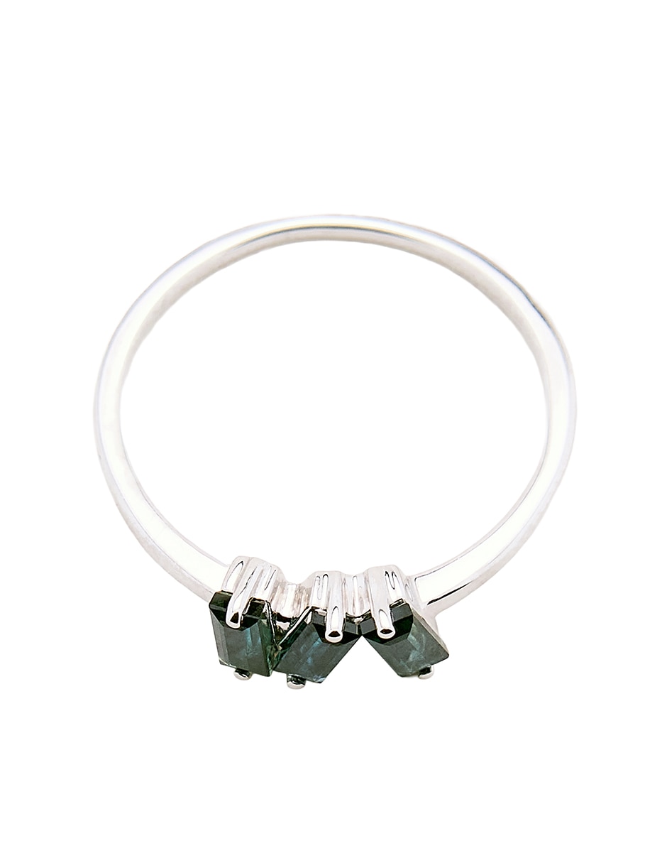 Anillo con gema de baguette Ingrata Fortuna 14 k de oro blanco zafiro pulido