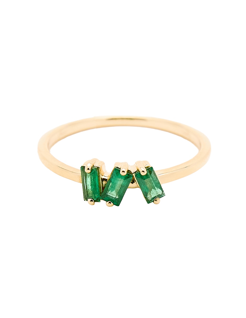Anillo con gema de baguette Ingrata Fortuna 14 k de oro amarillo esmeralda pulido