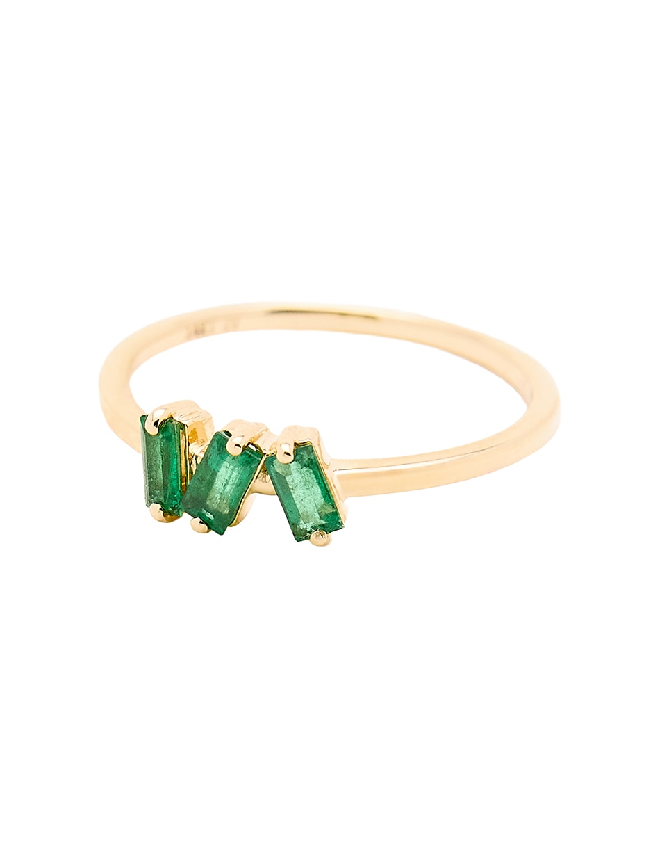 Anillo con gema de baguette Ingrata Fortuna 14 k de oro amarillo esmeralda pulido