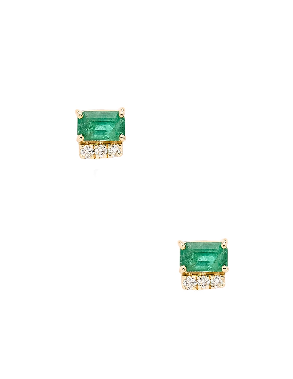 Aretes cortos rectangulares de oro amarillo 14 K con acabado brillante esmeralda y diamante 1