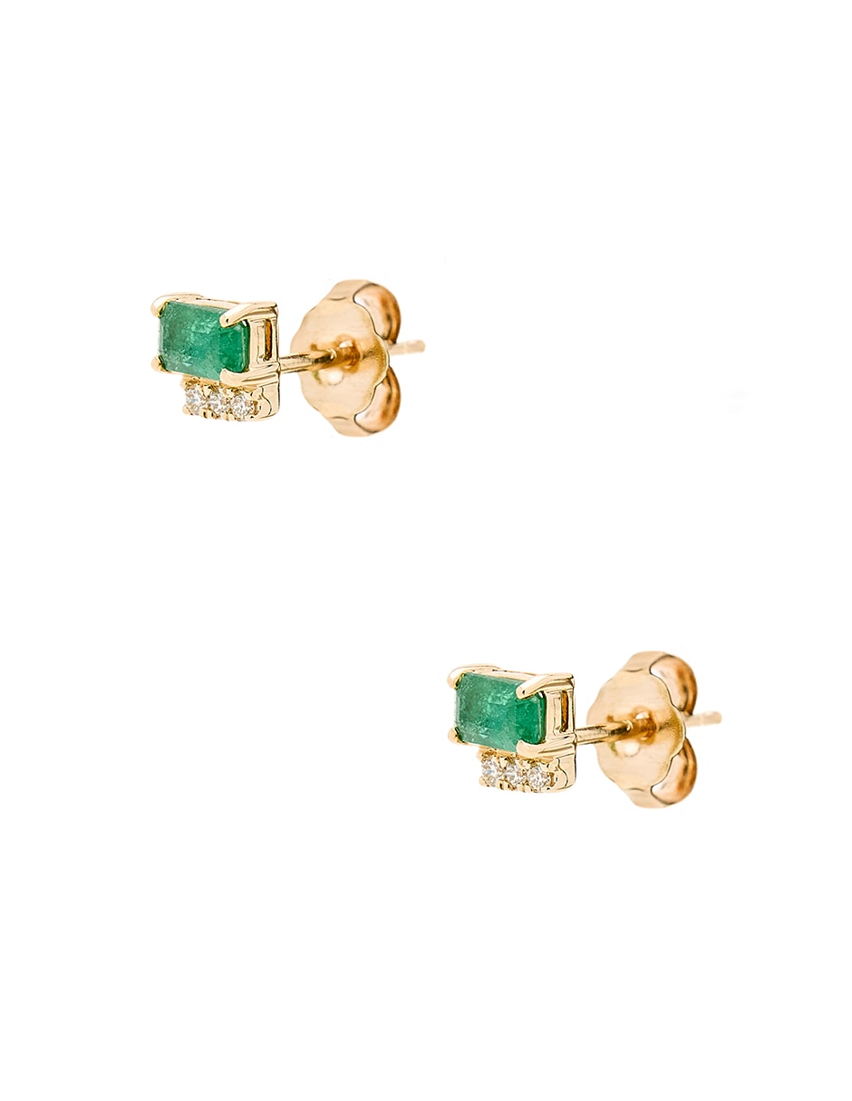 Aretes cortos rectangulares de oro amarillo 14 K con acabado brillante esmeralda y diamante 2