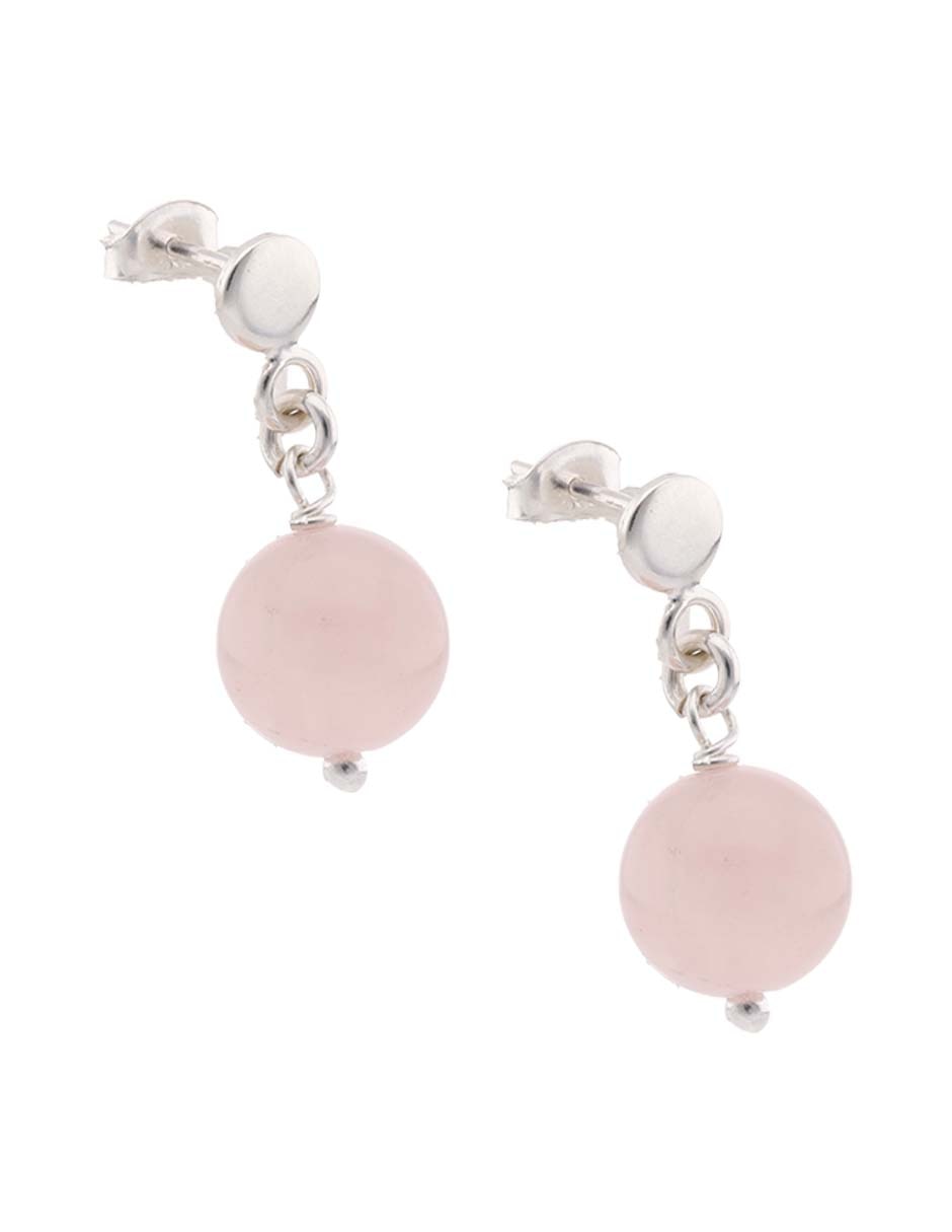 Aretes cortos de esfera E& de plata P 925 con acabado brillante cuarzo rosa 2