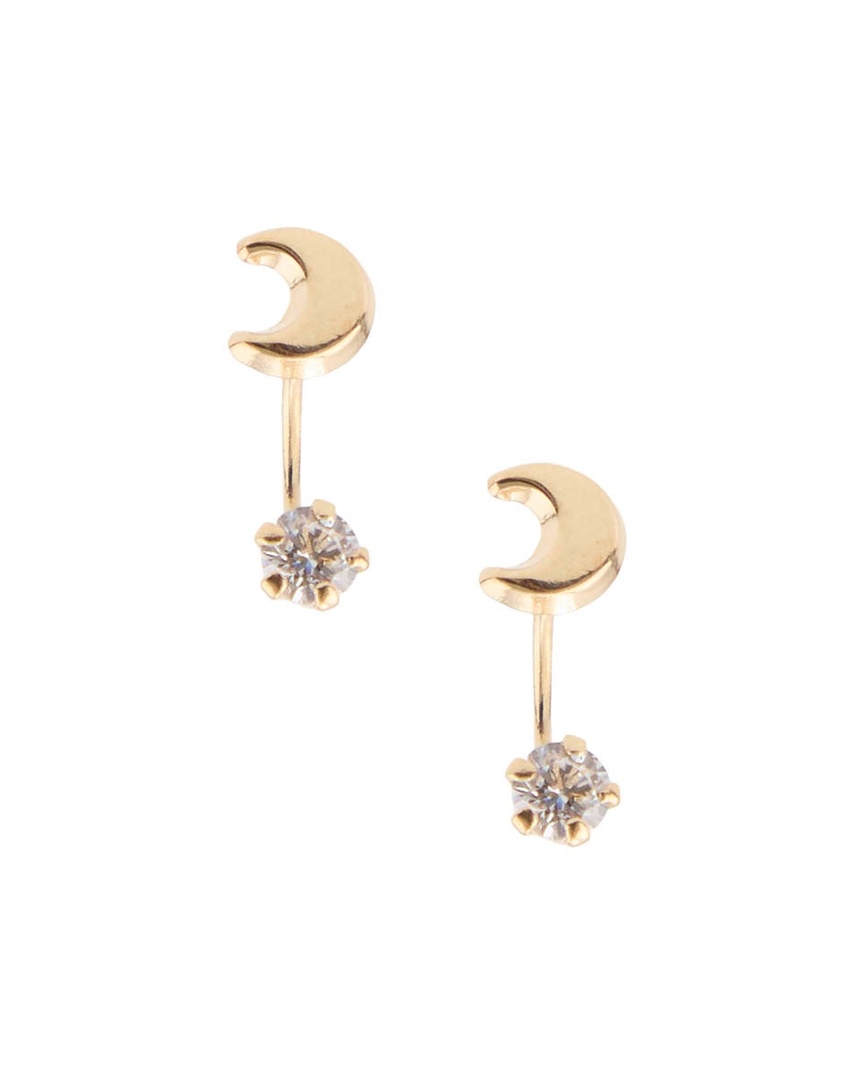 Broqueles De Media Luna De Oro Amarillo 14 K Con Acabado Brillante Zirconia