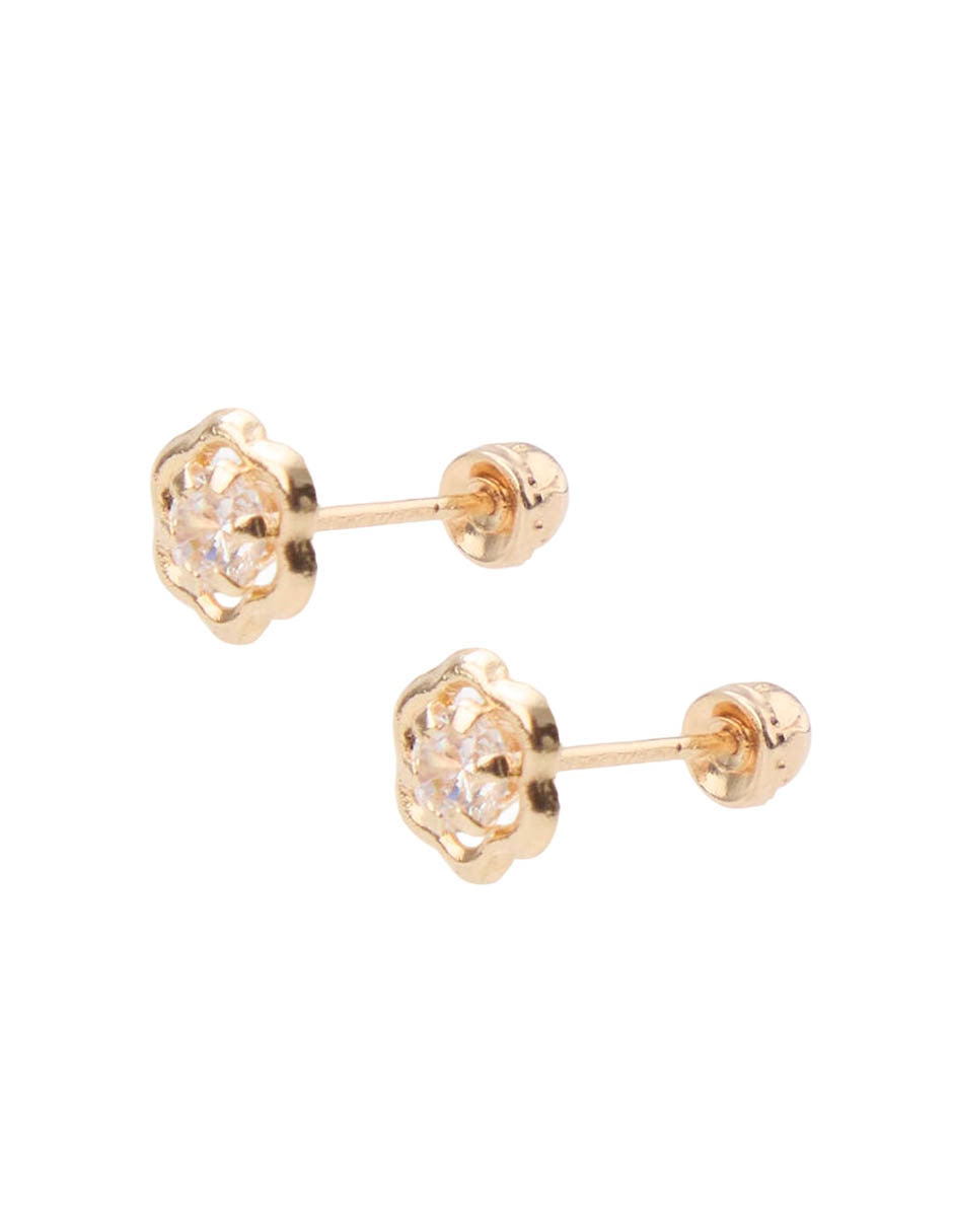 Broqueles De Flor De Oro Amarillo 14 K Con Acabado Brillante Zirconia 2