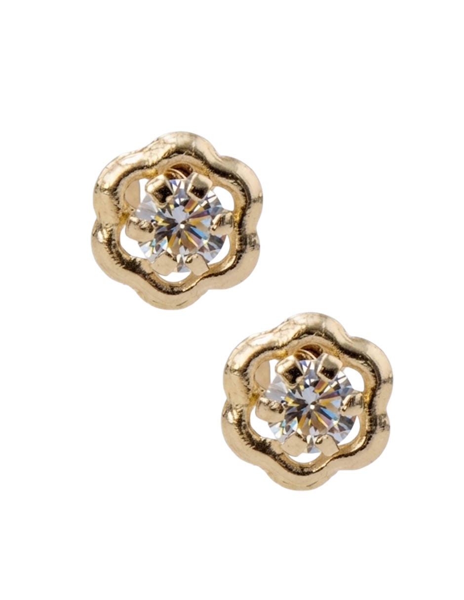 Broqueles De Flor De Oro Amarillo 14 K Con Acabado Brillante Zirconia Broqueles De Flor De Oro Amarillo 14 K Con Acabado Brillante Zirconia